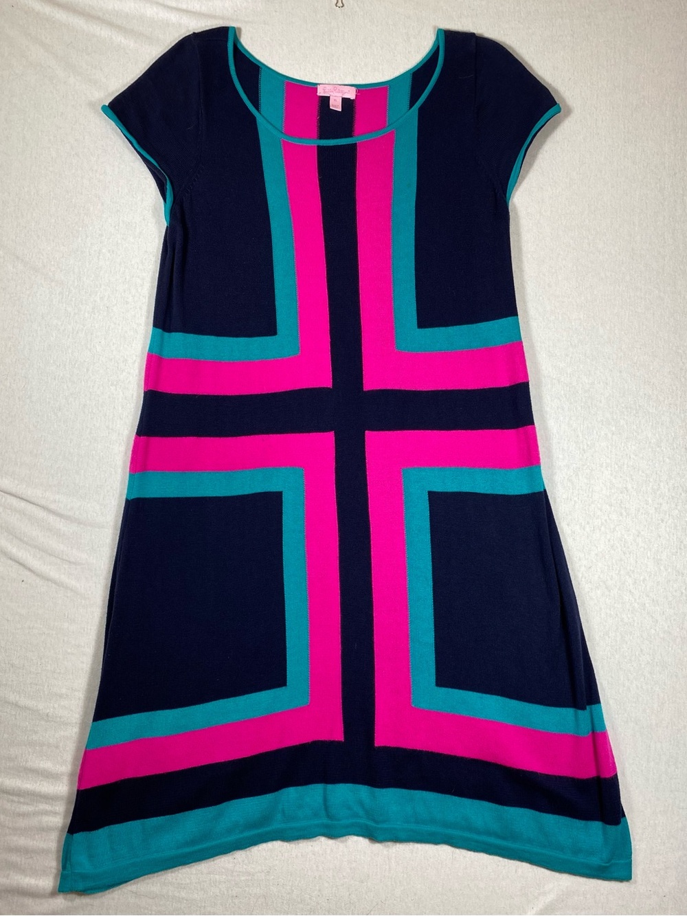 Lilly Pulitzer Isabella Sweater Dress XL Navy Pink Teal Colorblock Mod 58265
